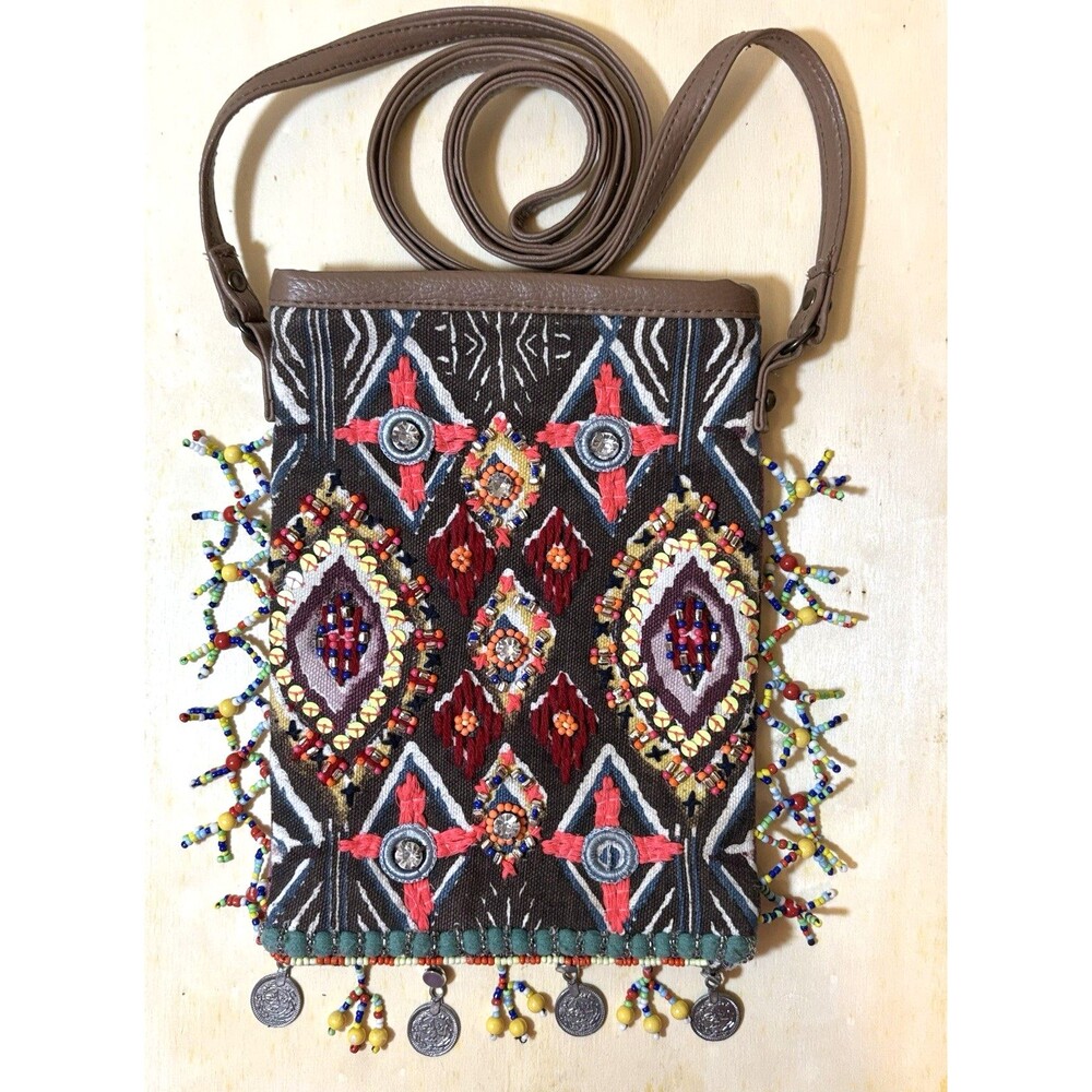 Charlie Paige Beaded Crossbody Bag Geometric Canvas Detachable Strap Magnetic